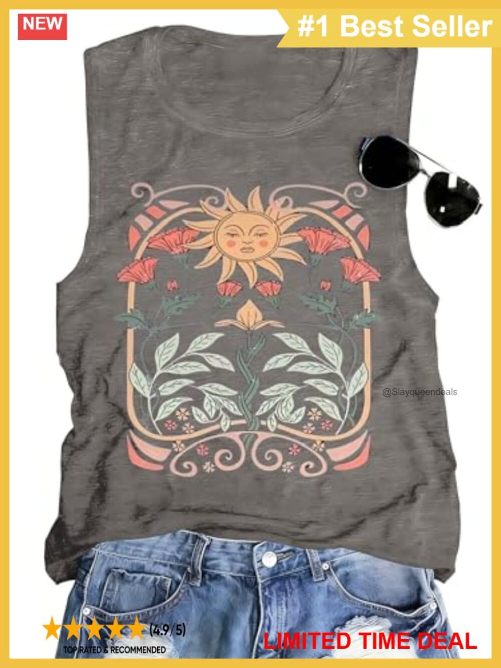 Boho Floral Graphic Tank Top Crew Neck Sleeveless Summer Casual Tunic